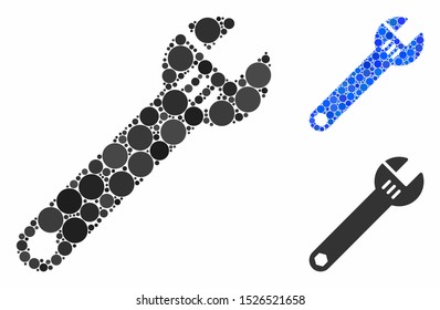 Spanner mosaic for spanner icon of round dots in variable sizes and color tones. Vector round dots are organized into blue collage. Dotted spanner icon in usual and blue versions.