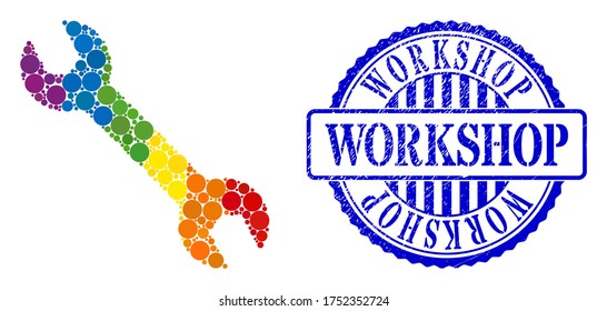 Spanner mosaic icon of round dots in variable sizes and spectrum colored shades. Blue round rubber stamp with Workshop title. A dotted LGBT- colored spanner for lesbians, gays, bisexuals,