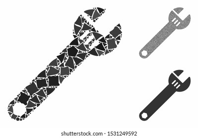 Spanner mosaic of ragged parts in variable sizes and shades, based on spanner icon. Vector raggy elements are organized into mosaic. Spanner icons collage with dotted pattern.