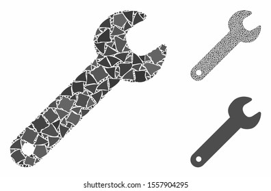 Spanner mosaic of rough pieces in variable sizes and color tinges, based on spanner icon. Vector bumpy parts are composed into mosaic. Spanner icons collage with dotted pattern.
