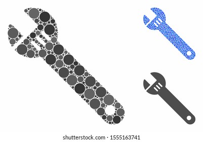 Spanner mosaic of round dots in various sizes and shades, based on spanner icon. Vector round dots are combined into blue mosaic. Dotted spanner icon in usual and blue versions.
