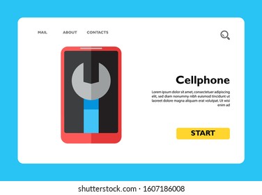 Spanner on screen of mobile phone. Mobile phone and computer repair, mobile service, IT support. Maintenance concept. Can be used for topics like business, technology, engineering