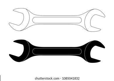 Spanner. Outline black and white drawing. Vector illustration isolated on white background