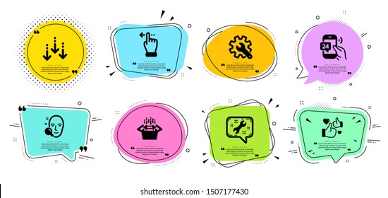 Spanner, Packing boxes and Like line icons set. Chat bubbles with quotes. Scroll down, Face search and Customisation signs. 24h service, Touchscreen gesture symbols. Vector