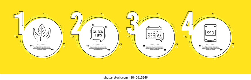 Spanner, Quick tips and Fair trade line icons set. Timeline process infograph. Ssd sign. Repair service, Helpful tricks, Safe nature. Solid-state drive. Business set. Vector