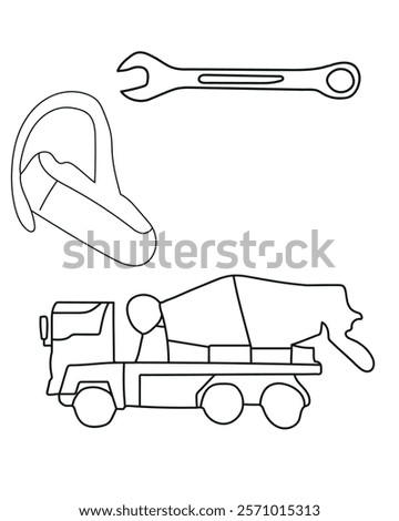 Spanner, reciever, mixur truck common tools in a construction vector set include a saw, ideal for cutting wood, metal, a drill, which creates holes in various materials. clean, modern vector style.