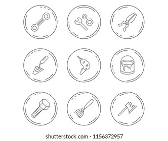 Spanner repair tool, spatula and bolt icons. Bucket of paint, axe and brush linear signs. Drill, pliers flat line icons. Linear Circles web buttons with icons. Vector