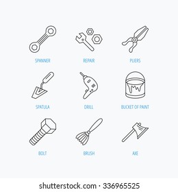 Spanner repair tool, spatula and bolt icons. Bucket of paint, axe and brush linear signs. Drill, pliers flat line icons. Linear set icons on white background.