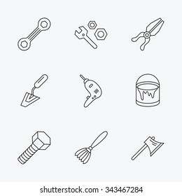 Spanner repair tool, spatula and bolt icons. Bucket of paint, axe and brush linear signs. Drill, pliers flat line icons. Linear black icons on white background.