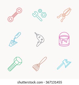 Spanner repair tool, spatula and bolt icons. Bucket of paint, axe and brush linear signs. Drill, pliers flat line icons. Linear colored icons.