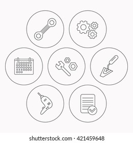 Spanner repair tool, spatula and bolt icons. Drill linear sign. Check file, calendar and cogwheel icons. Vector