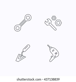 Spanner repair tool, spatula and bolt icons. Drill linear sign. Flat linear icons on white background. Vector