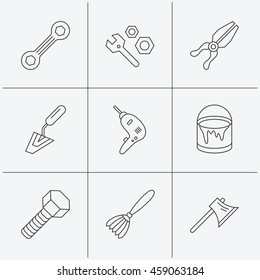 Spanner repair tool, spatula and bolt icons. Bucket of paint, axe and brush linear signs. Drill, pliers flat line icons. Linear icons on white background. Vector