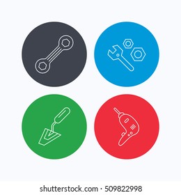 Spanner repair tool, spatula and bolt icons. Drill linear sign. Linear icons on colored buttons. Flat web symbols. Vector