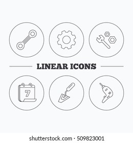 Spanner repair tool, spatula and bolt icons. Drill linear sign. Flat cogwheel and calendar symbols. Linear icons in circle buttons. Vector