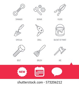 Spanner repair tool, spatula and bolt icons. Bucket of paint, axe and brush linear signs. Drill, pliers flat line icons. New tag, speech bubble and calendar web icons. Vector