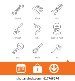 Spanner repair tool, spatula and bolt icons. Bucket of paint, axe and brush linear signs. Drill, pliers flat line icons. Download arrow, locker and calendar web icons. Vector