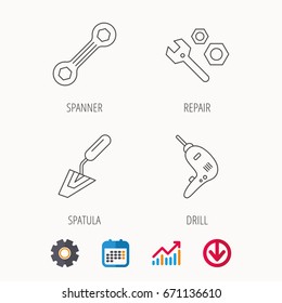 Spanner repair tool, spatula and bolt icons. Drill linear sign. Calendar, Graph chart and Cogwheel signs. Download colored web icon. Vector