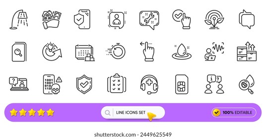 Spanner, Rule and Voice wave line icons for web app. Pack of Wholesale goods, Phone insurance, Checkbox pictogram icons. Fast recovery, Confirmed, Delivery signs. Search files. Search bar. Vector