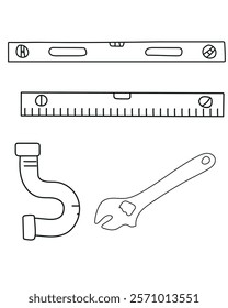 Spanner, Ruller, Water pipe common tools in a construction vector set include a saw, ideal for cutting wood, metal, a drill, which creates holes in various materials. clean, modern vector style.