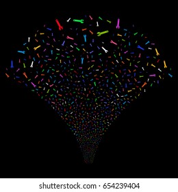 Spanner salute stream. Vector illustration style is flat bright multicolored iconic symbols on a black background. Object explosion fountain created from random pictographs.