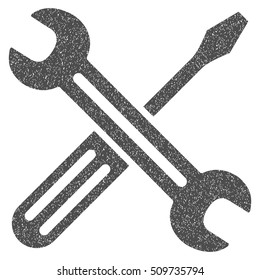 Spanner and Screwdriver grainy textured icon for overlay watermark stamps. Flat symbol with unclean texture. Dotted vector gray ink rubber seal stamp with grunge design on a white background.