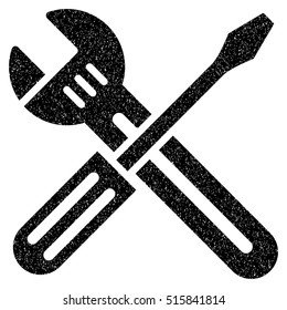 Spanner and Screwdriver grainy textured icon for overlay watermark stamps. Flat symbol with dirty texture. Dotted vector black ink rubber seal stamp with grunge design on a white background.