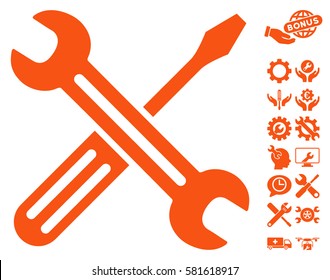 Spanner and Screwdriver icon with bonus configuration clip art. Vector illustration style is flat iconic orange symbols on white background.