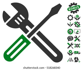 Spanner and Screwdriver icon with bonus options design elements. Vector illustration style is flat iconic green and gray symbols on white background.