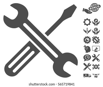 Spanner and Screwdriver icon with bonus options graphic icons. Vector illustration style is flat iconic gray symbols on white background.