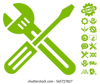 Spanner and Screwdriver icon with bonus options icon set. Vector illustration style is flat iconic eco green symbols on white background.