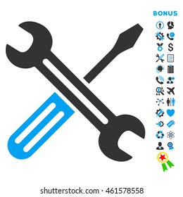 Spanner and Screwdriver icon with bonus pictograms. Vector style is bicolor flat iconic symbol with rounded angles, blue and gray colors, white background.