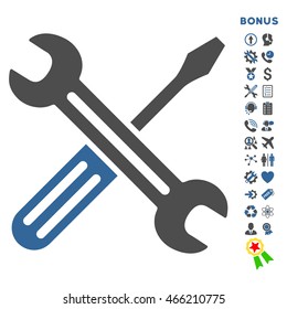 Spanner and Screwdriver icon with bonus pictograms. Vector style is bicolor flat iconic symbol with rounded angles, cobalt and gray colors, white background.