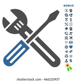 Spanner and Screwdriver icon with bonus pictograms. Vector style is bicolor flat iconic symbol with rounded angles, cobalt and gray colors, white background.