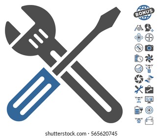 Spanner and Screwdriver icon with bonus quad copter service pictograms. Vector illustration style is flat iconic cobalt and gray symbols on white background.