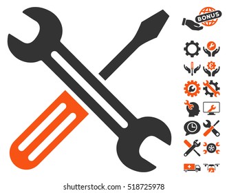 Spanner and Screwdriver icon with bonus service symbols. Vector illustration style is flat iconic orange and gray symbols on white background.