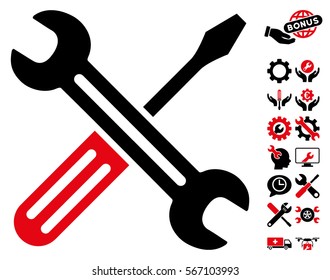 Spanner and Screwdriver icon with bonus tools design elements. Vector illustration style is flat iconic intensive red and black symbols on white background.