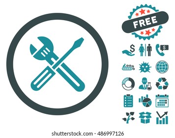 Spanner and Screwdriver icon with free bonus pictogram. Vector illustration style is flat iconic bicolor symbols, soft blue colors, white background.
