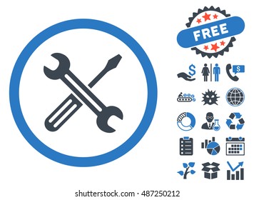 Spanner and Screwdriver icon with free bonus symbols. Vector illustration style is flat iconic bicolor symbols, smooth blue colors, white background.