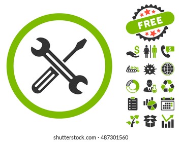 Spanner and Screwdriver icon with free bonus symbols. Vector illustration style is flat iconic bicolor symbols, eco green and gray colors, white background.