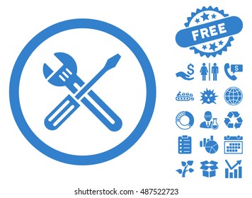 Spanner and Screwdriver icon with free bonus icon set. Vector illustration style is flat iconic symbols, cobalt color, white background.