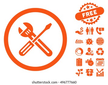 Spanner and Screwdriver icon with free bonus pictures. Vector illustration style is flat iconic symbols, orange color, white background.