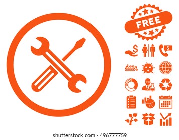 Spanner and Screwdriver icon with free bonus design elements. Vector illustration style is flat iconic symbols, orange color, white background.