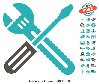 Spanner and Screwdriver icon with free bonus clip art. Vector illustration style is flat iconic symbols, grey and cyan colors, white background.