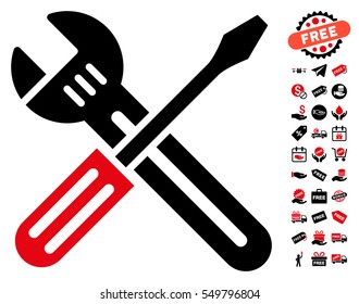 Spanner and Screwdriver icon with free bonus design elements. Vector illustration style is flat iconic symbols, intensive red and black colors, white background.