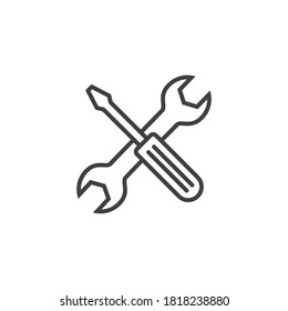 Icono de spector y destornillador en estilo de línea, símbolo de reparación aislado en fondo blanco, icono Herramientas, concepto de negocio de servicio y reparación