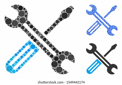Spanner and screwdriver mosaic of small circles in various sizes and shades, based on spanner and screwdriver icon. Vector round elements are organized into blue mosaic.
