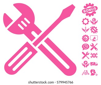 Spanner and Screwdriver pictograph with bonus service pictograms. Vector illustration style is flat iconic pink symbols on white background.