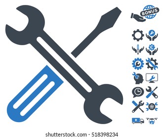 Spanner and Screwdriver pictograph with bonus tools graphic icons. Vector illustration style is flat iconic smooth blue symbols on white background.
