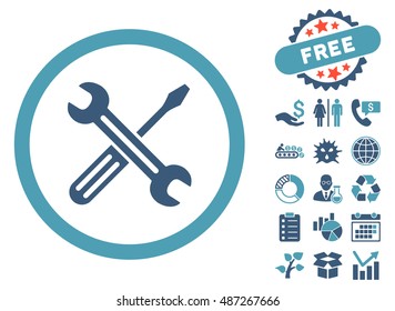 Spanner and Screwdriver pictograph with free bonus pictogram. Vector illustration style is flat iconic bicolor symbols, cyan and blue colors, white background.